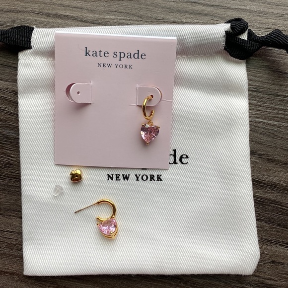Kate Spade Gold-Tone Heart Charm Huggie Hoop Earrings- Pink/Gold - Picture 4 of 5